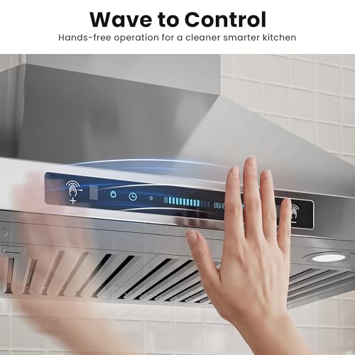 Image of IKTCH 30-inch Wall Mount Range Hood 900 CFM Ducted /Ductless Convertible, Kitchen Chimney Vent Stainless Steel with Gesture Sensing & Touch Control Switch Panel, 2 Pcs Adjustable Lights(IKP02-30'')