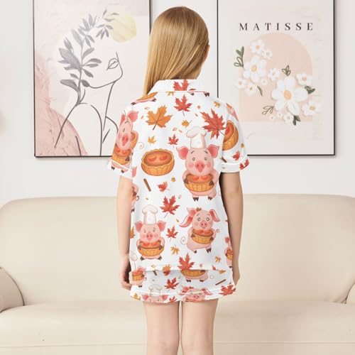 Satin Pajama Sets Short Sleeve Piggy with Autumn Leaves Button Down Silky Nightwear 2 Piece PJS 5-14Y4