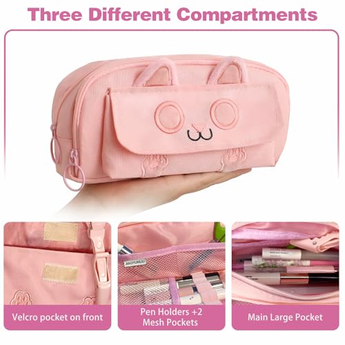 JIAOYUNLILI Big Capacity Pencil Case,Zipper Pencil Pouch,3D Cat Pencil Bag for Girls Boys Back To School Supplies,Stationery Bag Office Pen Organizer for Teens Adults (Pink) — view 3