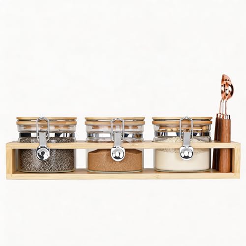 KKC Glass Jars with Spoons & Rack, Set of 3 (15oz) - Ideal Superfood Container Set for Smoothie Bar & Overnight Oats Station | Airtight Storage for Chia Seeds, Flaxseed & Toppings