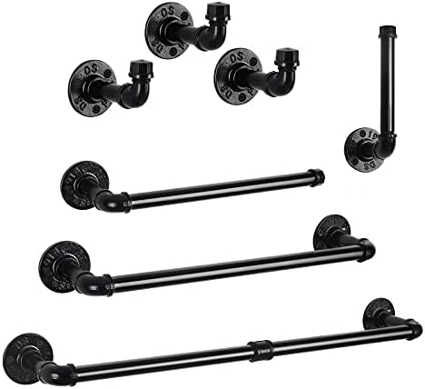 MOOACE Bathroom Hardware Set 7 Pieces, Industrial Pipe Bath Towel Bar Set, Heavy Duty Wall Mounted Farmhouse Towel Rack Set Include 2 Towel Bars, 2 Toilet Paper Holders and 3 Robe Hooks