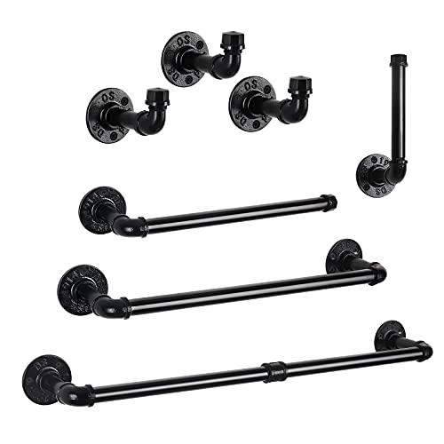 Mooace Bathroom Hardware Set 7 Pieces, Industrial Pipe Bath Towel Bar Set, Heavy Duty Wall Mounted Farmhouse Towel Rack Set Include 2 Towel Bars, 2 Toilet Paper Holders And 3 Robe Hooks #TOP17