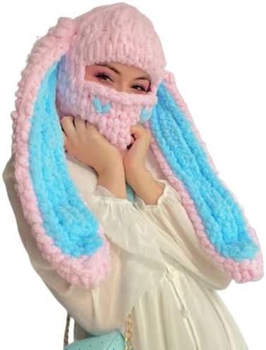 Sombrero de conejo para niña, gorro tejido de lana, máscara de oreja larga, máscara térmica gruesa, sombrero divertido