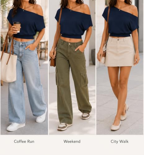 Image of SOFIA'S CHOICE Women's Off The Shoulder T Shirt Crop Top Casual Summer Dolman Sleeve Asymmetrical Cinched Waist Tops