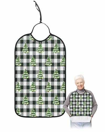 Onekaccu Christmas Tree Green Adult Bibs for Elderly Women Men Washable Bibs for Eating, Black White Buffalo Plaid Waterproof Clothing Protectors Adult Bibs with Crumb Catcher