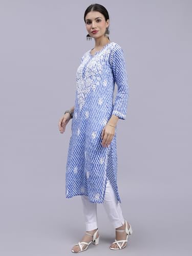 Image of Seva Chikan Hand Embroidered Lucknowi Chikankari Regular Fit Straight Malmal Cotton Kurta Kurti for Women SCL4458