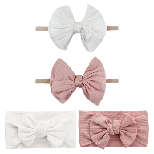 OAAO - Bandeaux Pour Bébé 4 Pièces, Bandeaux Élastiques, Rubans À Nœuds, Accessoires Pour Cheveux, Décoration Photo Pour Enfants, Adaptés Aux Nouveau-Nés Et Aux Enfants (Blanc, Rose).
