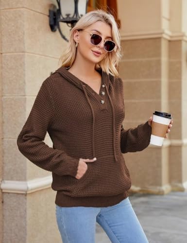 Image of VIMPUNEC Womens Fall Hoodie Sweater Long Sleeve Hooded Top with Pocket | V Neck, Button, Adjustable Drawstring, Waffle Knit, Loose Fit, Ribbed, Kangaroo Pocket