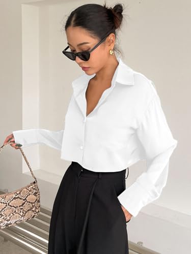 Image of Aahwan Women Polyester Regular Fit White Solid Button Up Drop Shoulder Casual Crop Long Sleeve Shirt