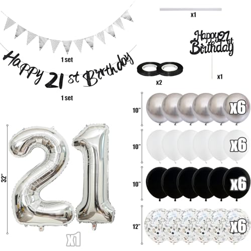 Image of 21st Birthday Decorations for Him Her, Happy 21st Birthday Banner with Black Silver White 21st Birthday Balloons Birthday Cake Topper Number 21 Foil Balloon for Men Women 21 Year Old Party Decoration