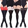 JUST BEAUTY TOUCH Opaque Hold-ups 100 Denier 15 cm Deep Lace Top New Size S - 4XL Winter Autumn Hold ups (XL/XXL, Black(Red)) #5
