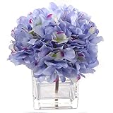 Blue Hydrangea Flower Arrangement in Vase, Blue & Light Purple Hues, Scratch Resistant Glass, Water...