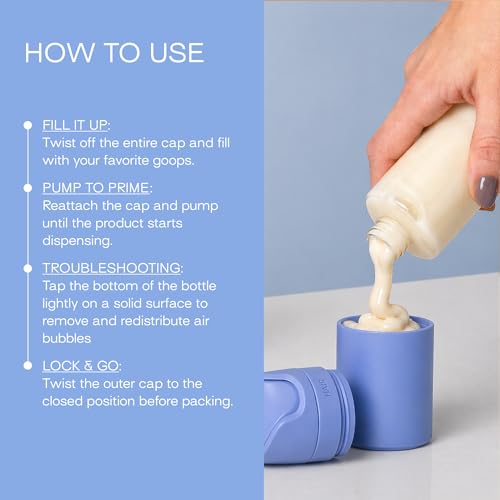 Image of RIES Essential Refillable Toiletry Travel Bottles Airless Pump Set | TSA Approved, Leak Proof Airless Pump, BPA Free Recycled Plastic, 5 Piece Blue Color Set, Dishwasher Safe