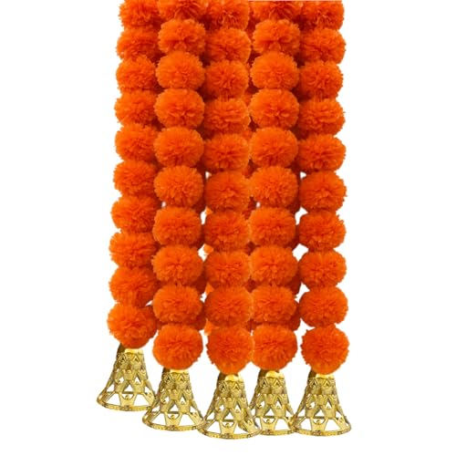 Image of Marigold Garlands Decoration with Bell, Artificial Flowers for Decorations Hanging Garlands for Home Decorations, Ganpati Decoration /Diwali Decoration for Home Decor- (Orange, Pack of 5)