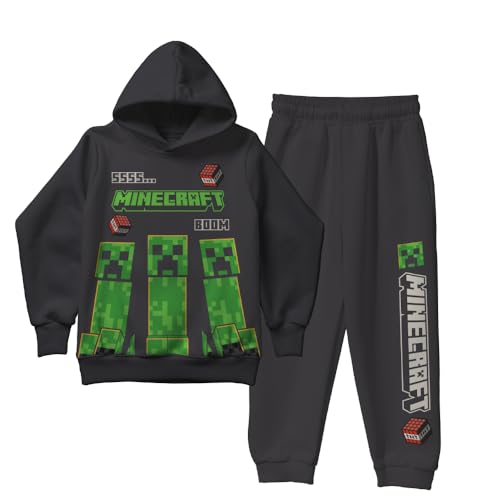 Minecraft Boys 2-Piece Fleece Sweatshirt and Pants Set Long Sleeve Pullover Hoodie and Jogger Bundle for Kids (Charcoal Size 7)