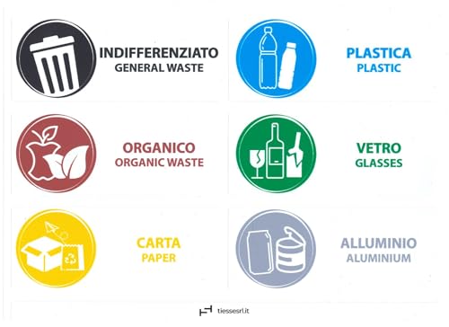 TIESSE - 6 etichette RACCOLTA DIFFERENZIATA RIFIUTI 100x40 mm - Vinile adesivo ad alte prestazioni per uso interno ed esterno - MADE IN ITALY