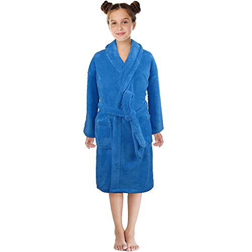 Boys Girls Towel Robe Kids Thick Fleece Long Sleeve Robes Lapel Pockets Belt Front Open Plain Cute Warm Outfits4