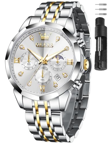 Image of OLEVS Watches for Men Stainless Steel Dress Men Watch with Date Big Face Chronograph Waterproof Luxury Fashion Watch Blue /Black /Gold /Green /Silver Face Relojes para Hombres