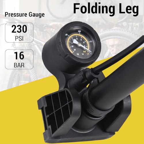 Bike Floor Pump with 230PSI Pressure Gauge, Folding Pedal Presta Schrader Valve for Bikes Electric Vehicles Motorcycles and Inflatables