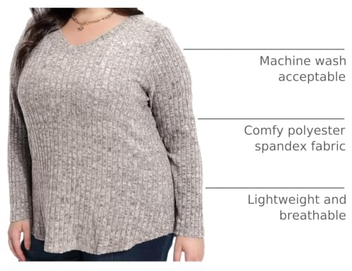 Image of RITERA Plus Size Sweater, Ribbed Long Sleeve Solid Top for Women | Soft vertical ribbed knit, modest V neck, loose long sleeves, curved swing hem, slimming casual layering top for curvy women