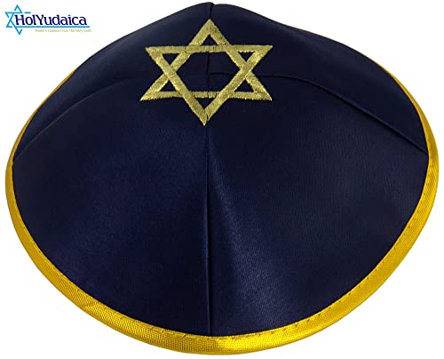 Image of Pack of 10-Pcs Hq 20cm Satin Kippah with Silver /Gold String+Star of David for Men & Boys, Yamaka Hat from Israel, Kippot Bulk (Blue Gold)