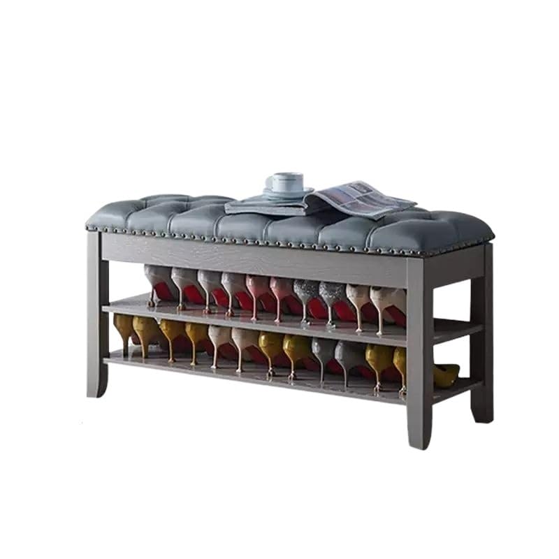 Banc de pied de lit en bois massif avec étagère de rangement grise