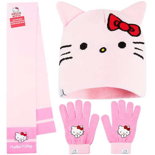 Hello Kitty Sanrio Conjunto Bufanda y Gorro y Guantes Niña o Pack Gorro Guantes, Accesorios Invierno, Talla Única, Regalos Niñas (Rosa Hello Kitty 3 Pcs)