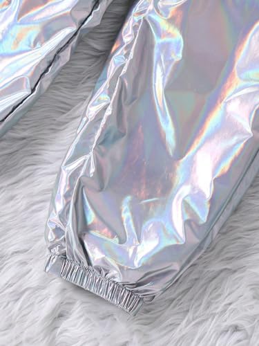Image of WDIRARA Girl's 2 Piece Holographic Outfit Flap Pocket Zip Up Jacket and Elastic Waist Pants Set