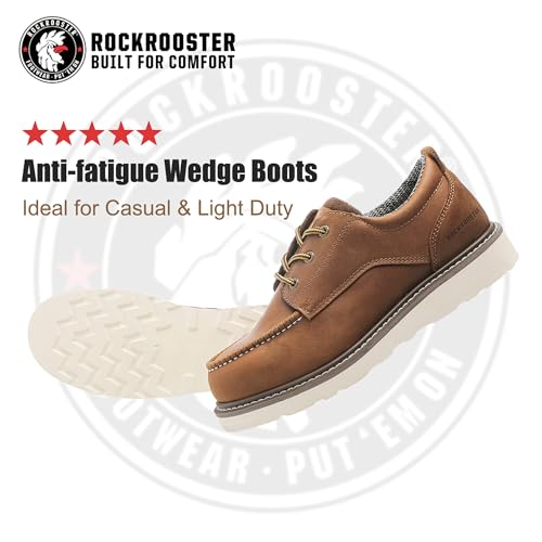 ROCKROOSTER Trinidad Men's 4" Soft Moc Toe Brown Leather Work Shoes, Lightweight Wedge Work Boots VAP23022