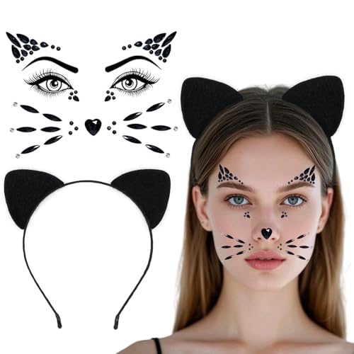 FHAEIOS Cat Ears Headband with Face Jewels Black Cat Costumes for Women Halloween Costume Accessory