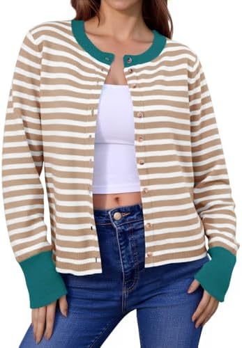 Saodimallsu Womens Striped Cardigan Sweaters Button Down Lightweight Color Block Crewneck Long Sleeve Knit Fall Cardigan
