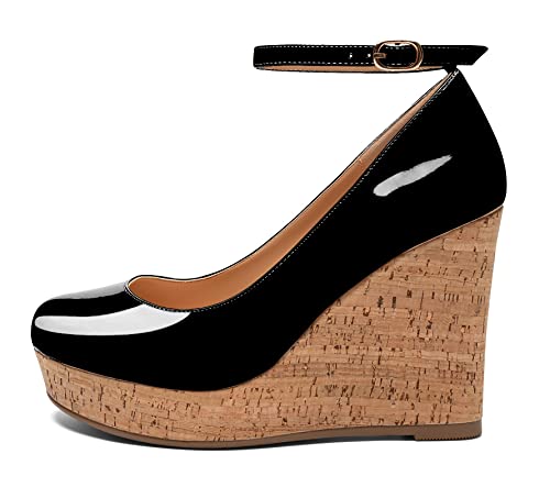 YODEKS Women's Closed Toe Wedge High Heels Ankle Strap Pumps Comfort Cork Platform Shoes Office 4Inch
