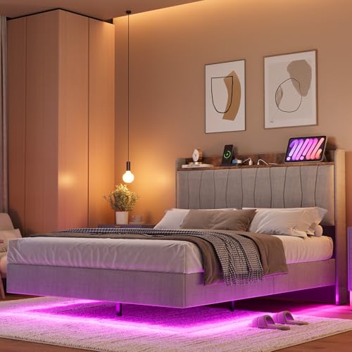 IDEALHOUSE Full Floating Bed Frame with LED Lights & Charging Station, Upholstered Platform Bed with Storage Headboard, Wood Slats Support, No Box Spring Needed, Easy to Assemble, Grey
