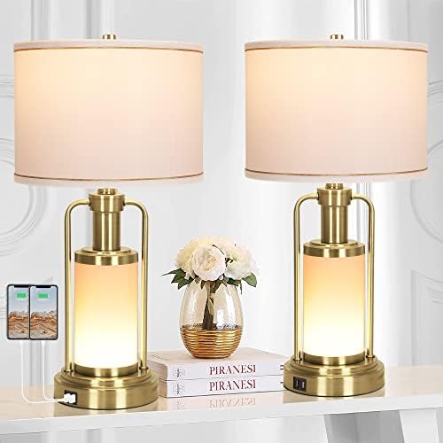 Set of two Gold Metallic Desk Lamps with 2 USB Charging Ports for Dwelling Rooms Trendy Bedrooms Bedside Lamps with LED Lantern Nightlight Up to date Lamps for Nighstand Entryway Finish Desk