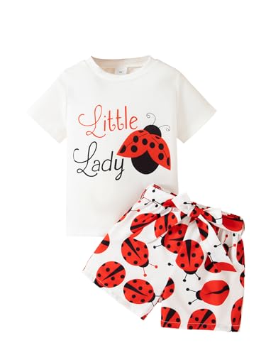 Image of Girl's 2 Pcs Outfits Short Sleeve Graphic T-Shirt Top and Paperbag Waist Shorts Set with Belt