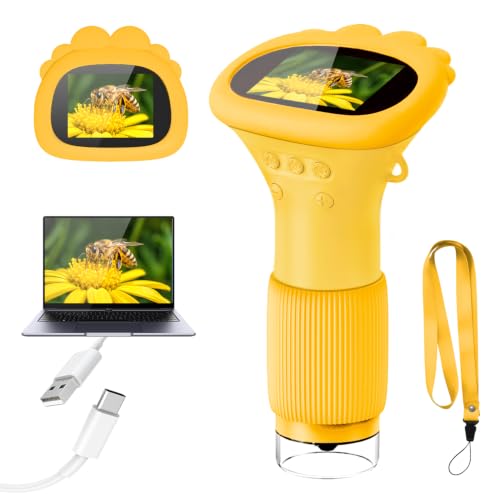 Acoath Microscope for Children Digital Pocket Microscope with 2.0 Inch IPS Screen Magnifying Glass 200x Magnification 8 LED Lights Handy Childrens Microscope for Garden Toys - Yellow