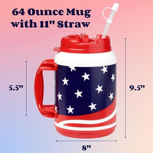 64 Ounce Insulated Mug with Handle Flexible Straw with Cap, Large Plastic Cup, Big Trucker Mug, Huge Cup, USA Flag Patriotic