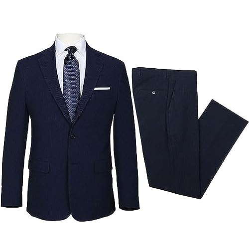 Mens Navy Blue Seersucker Blazer Breathable Outfit Leisure Groom Tuxedo Wedding Prom Suit