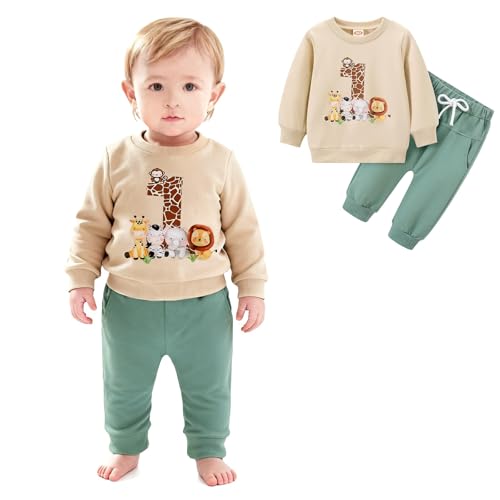Asmea Conjunto de aniversário 1 ano criança roupa bebé 1 ano criança presente bebé One Year Old Boy Outfit t-shirt de manga comprida com estampado animal calças, Bege