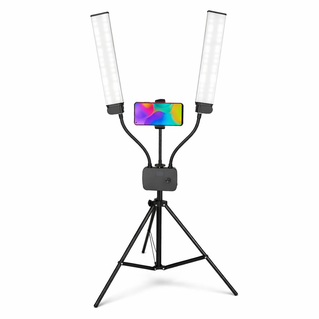 Luz LED com Suporte Duplo e Tripé 2,1m – Iluminador Ajustável para Vídeo e Foto – Inland