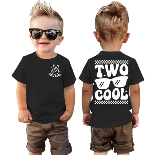 Blithestars Two Cool Birthday Shirt 2nd Birthday Boy Tshirt 2 Year Old Toddler Boy Second Bday Party Outfits Short Sleeve Top(Black 2T)