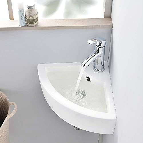 VASOYO Small Corner Bathroom Sink - White Triangle Porcelain Ceramic Wall Mount Vessel Sink, Above Counter Design with Single Faucet Hole & Overflow