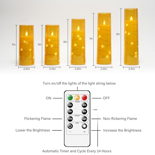 kakoya Flameless LED Candles with Timer 5 Pc Flickering Flameless Candles for Romantic Ambiance and Home Decoration Stable Acrylic Shell,with Embedded Star String，Battery Operated Candles（Gold） - Thumbnail 5