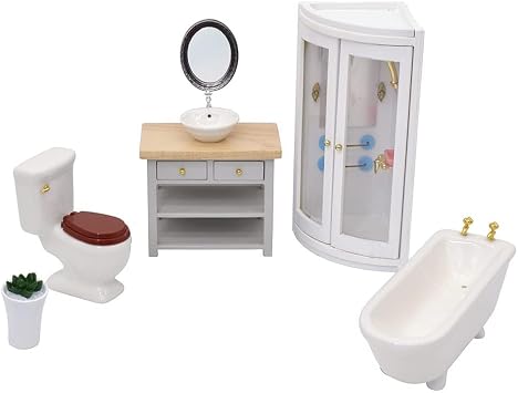 iLAND Dollhouse Furniture and Accessories 1/12 Scale of Dollhouse Bathroom Set incl Ceramic Dollhouse Toilet & Bathtub & Wooden Bathroom Cabinet with Sink Modern 7pcs