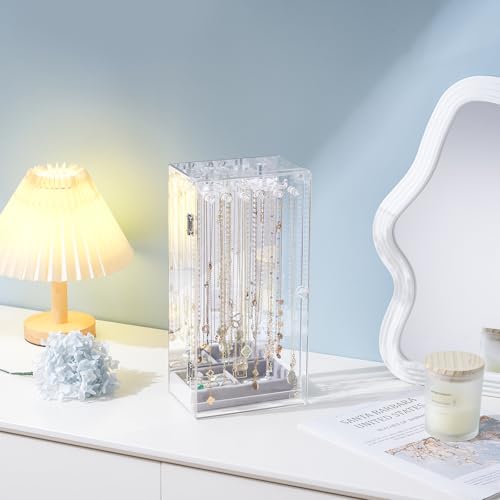Lolalet Necklace Holder Organizer, Acrylic Jewelry Organizer with 24 Hooks, Rotating Clear Necklaces Display Box with Built-in Mirror, Dust-proof Jewelry Storage Case with Velvet Tray -Clearmirror2