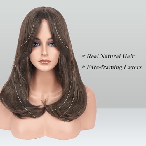 Image of FESHFEN Wigs with Bangs for Women, Synthetic Natural Looking Long Layered Straight Hair Wig for Women Daily Party Costume, 18 inch Brown with Highlights