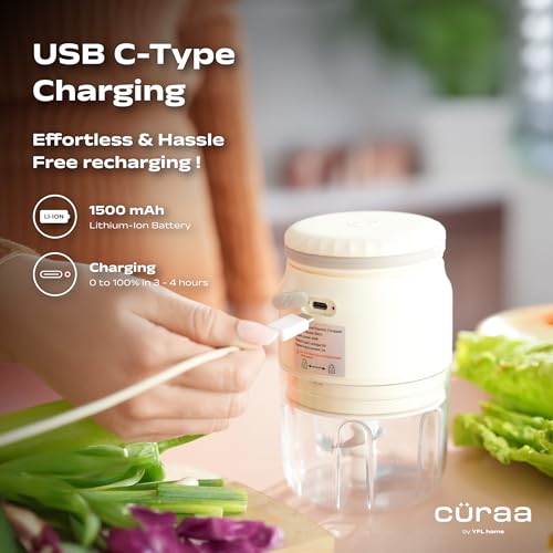 Image of CURAA ChopLab Neo USB Vegetable Chopper for Kitchen Use | By Chef Sanjyot Keer | Mini Chopper for Kitchen with Stainless Steel Blades - 250ml (Beige)
