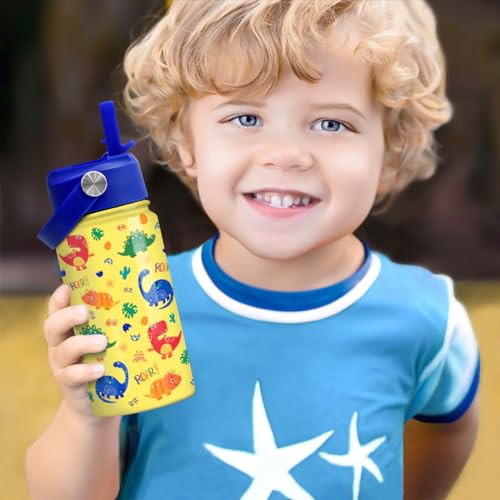 Image of Dinosaur Kids Water Bottle - 12 Oz Insulated Stainless Steel - Straw Lid for Toddlers & Kids - School & Sports Travel Cup