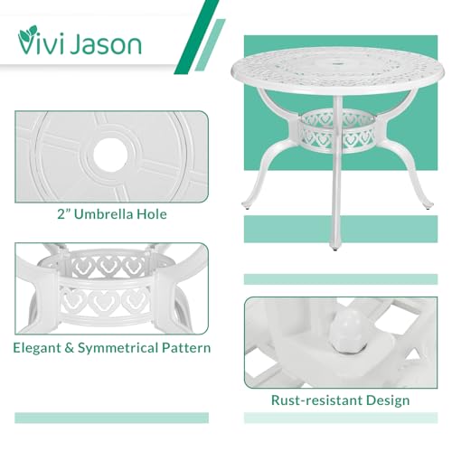 VIVIJASON-385-Patio-Bistro-Table-Outdoor-Dining-Round-Table-White-Cast-Aluminum-Table-with-Umbrella-Hole VIVIJASON 385 Patio Bistro Table Outdoor Dining Round Table White Cast Aluminum Table with Umbrella Hole