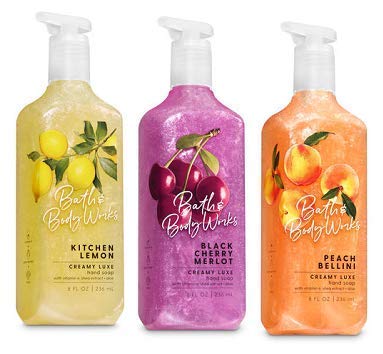 Bath and Body Works 3 Pack Creamy Luxe Hand Soap. 8 Oz. Kitchen Lemon, Black Cherry Merlot and Peach Bellini.
